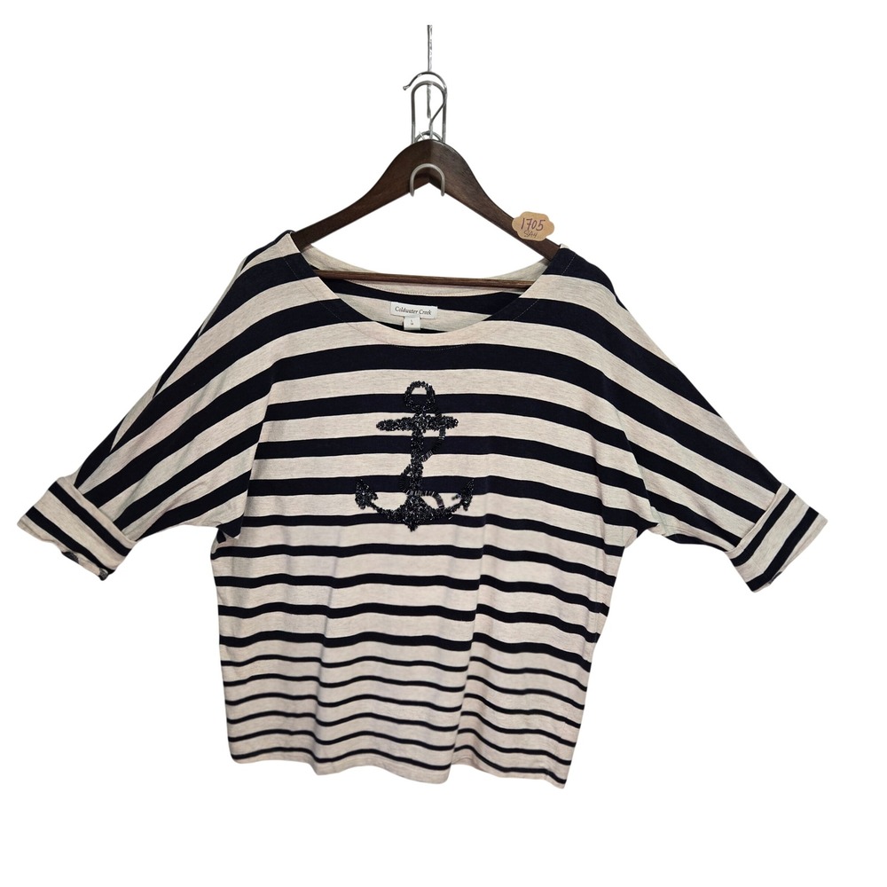 Coldwater Creek Nautical Beaded Anchor Striped Dolman Top Navy Cream L 14